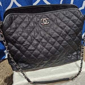 Chanel French Riviera Hobo Bag Black Caviar with Silver Hardware